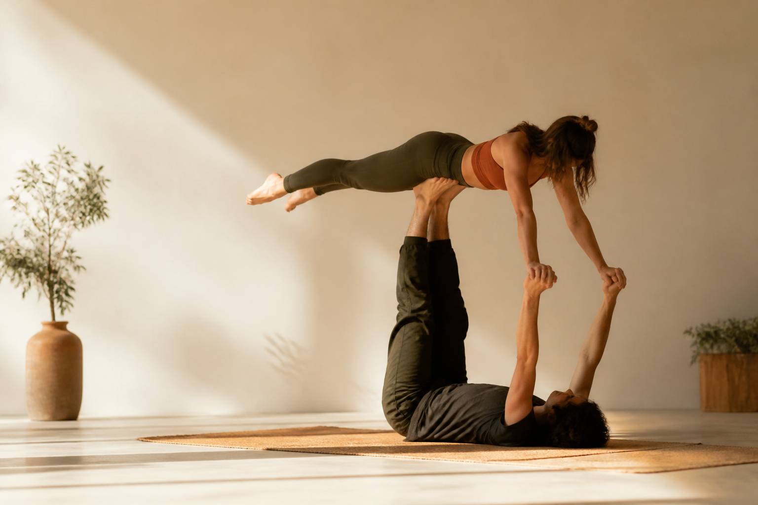 Deux pratiquants d'acro yoga en posture de base et de volant dans un studio de yoga