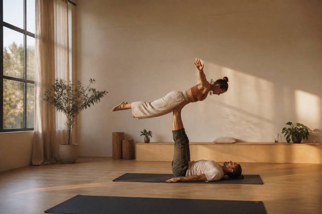 Duo pratiquant l'acro yoga dans une posture d'équilibre sur un tapis dans un studio lumineux