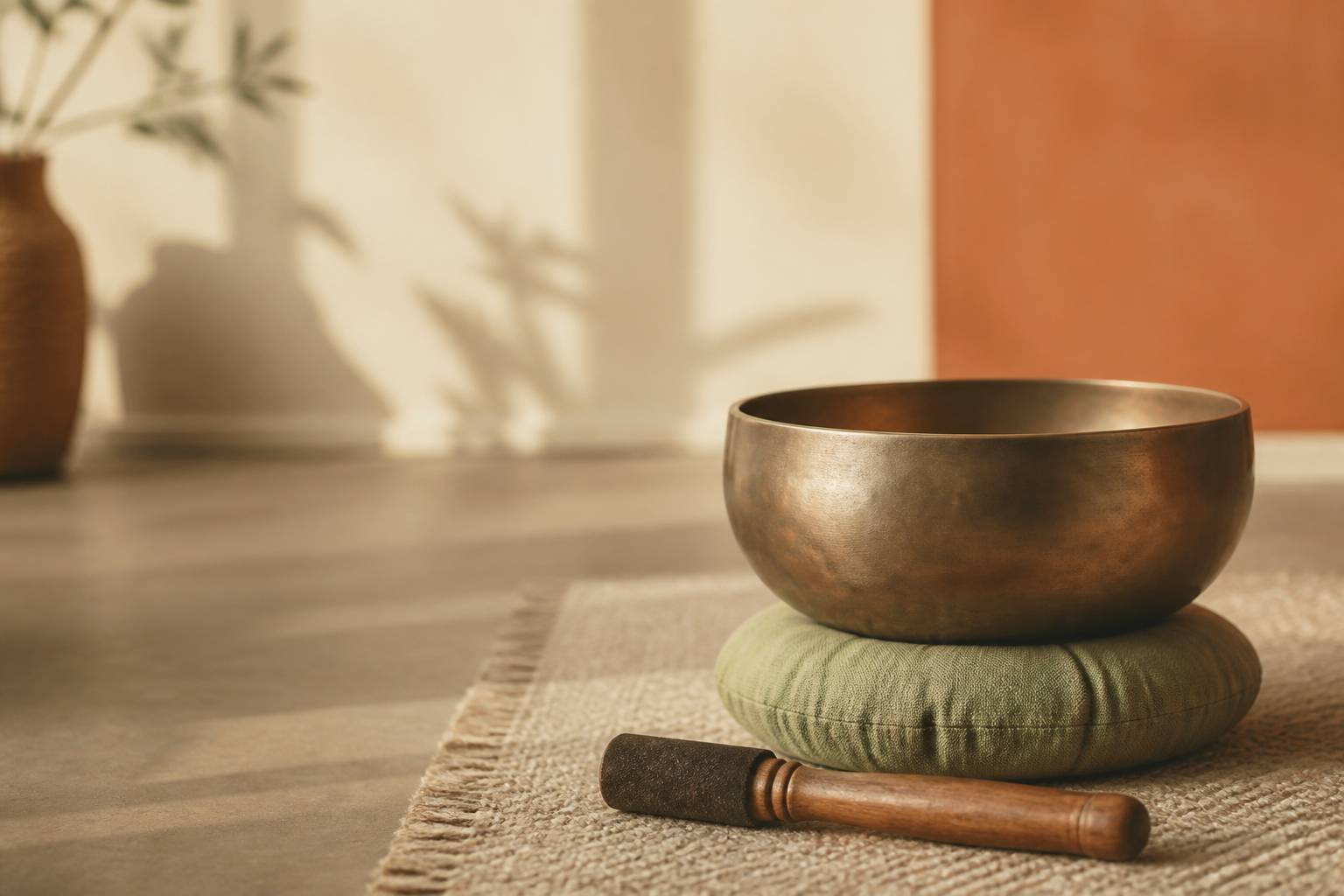 Bol sonore et coussin de méditation posés dans un studio