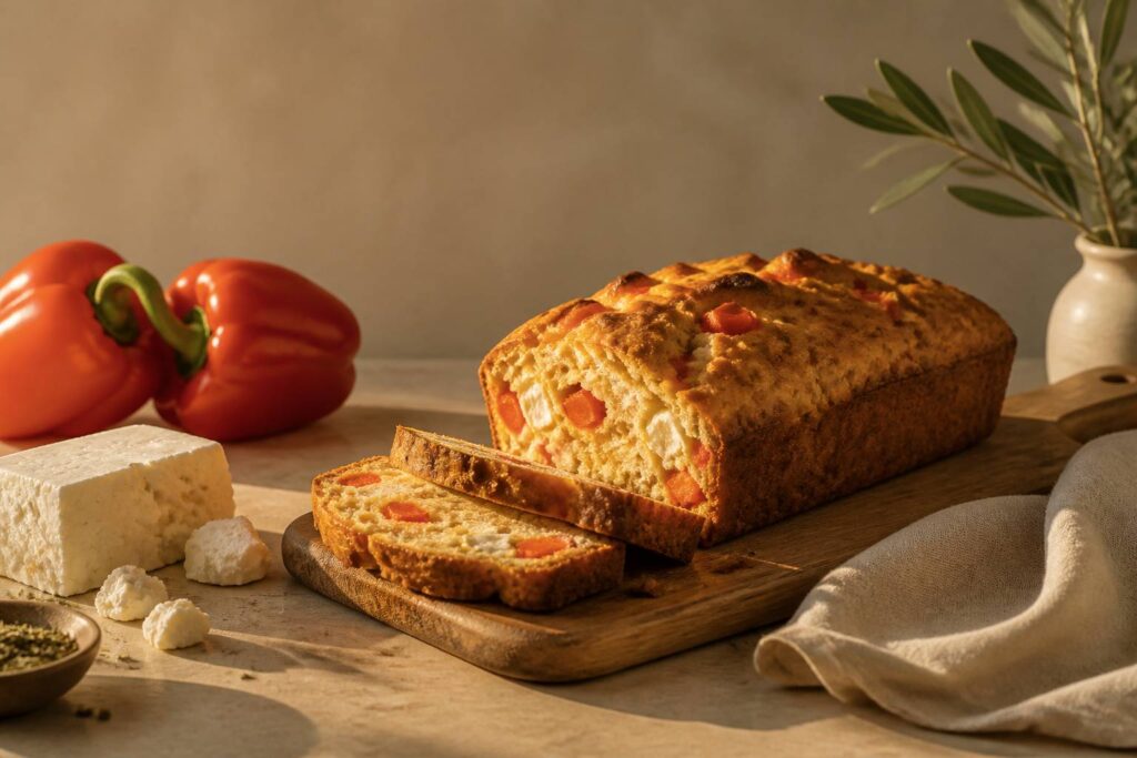 Cake salé à la feta et au poivron tranché sur une planche en bois