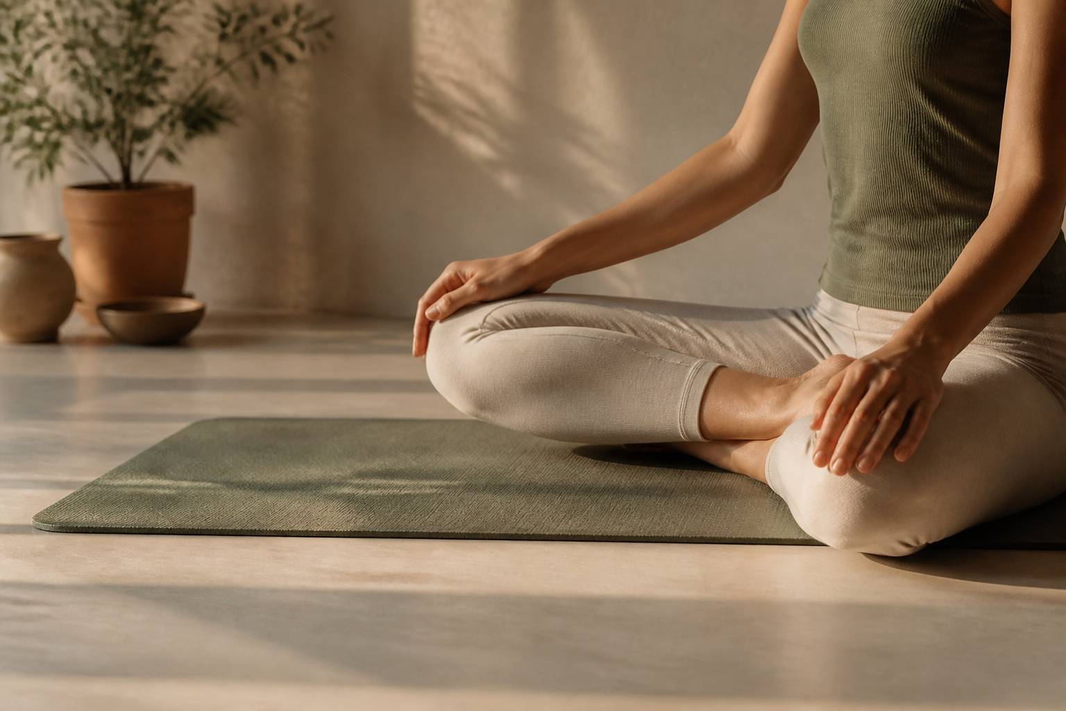 Jambes croisées en demi-lotus sur un tapis de yoga, mains posées sur les genoux