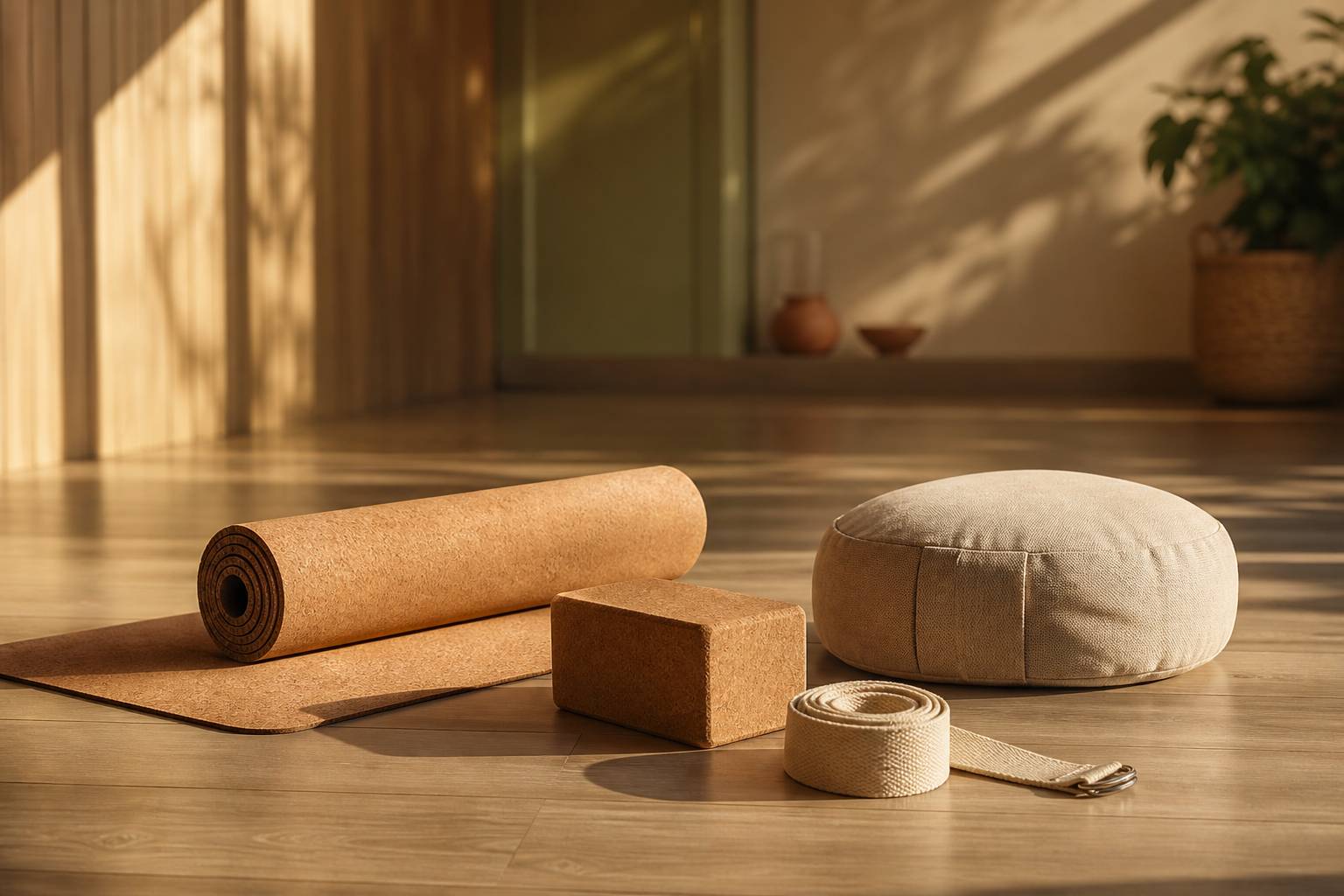 Équipement de yoga pour débutant : tapis enroulé, brique, sangle en coton et coussin de méditation