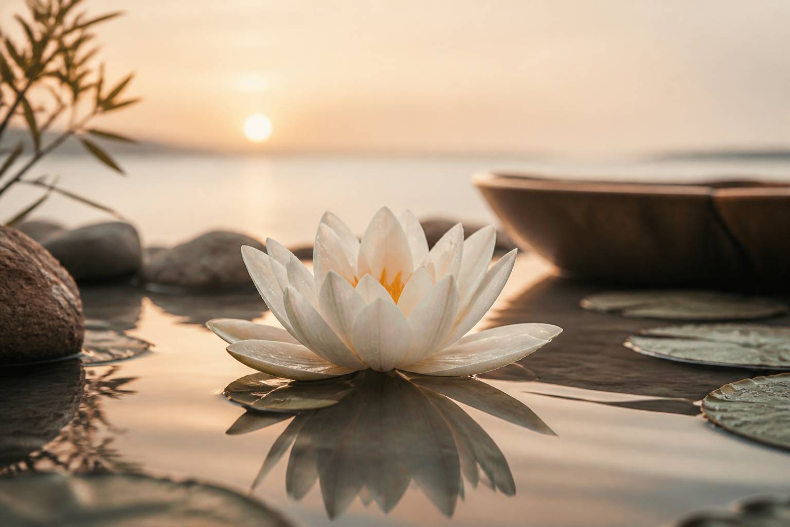Fleur de lotus blanche épanouie sur une surface d'eau calme