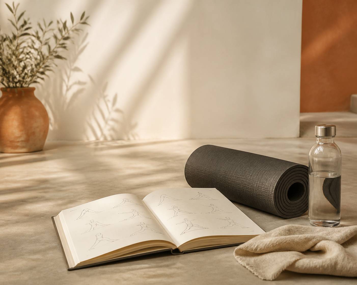 Livre de yoga ouvert illustré de postures posé près d'un tapis enroulé et d'une serviette en lin