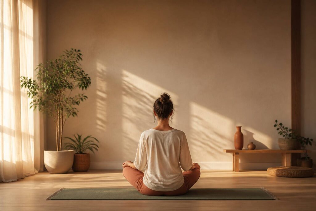 Personne assise en tailleur sur un tapis de yoga dans un studio baigné de lumière chaude