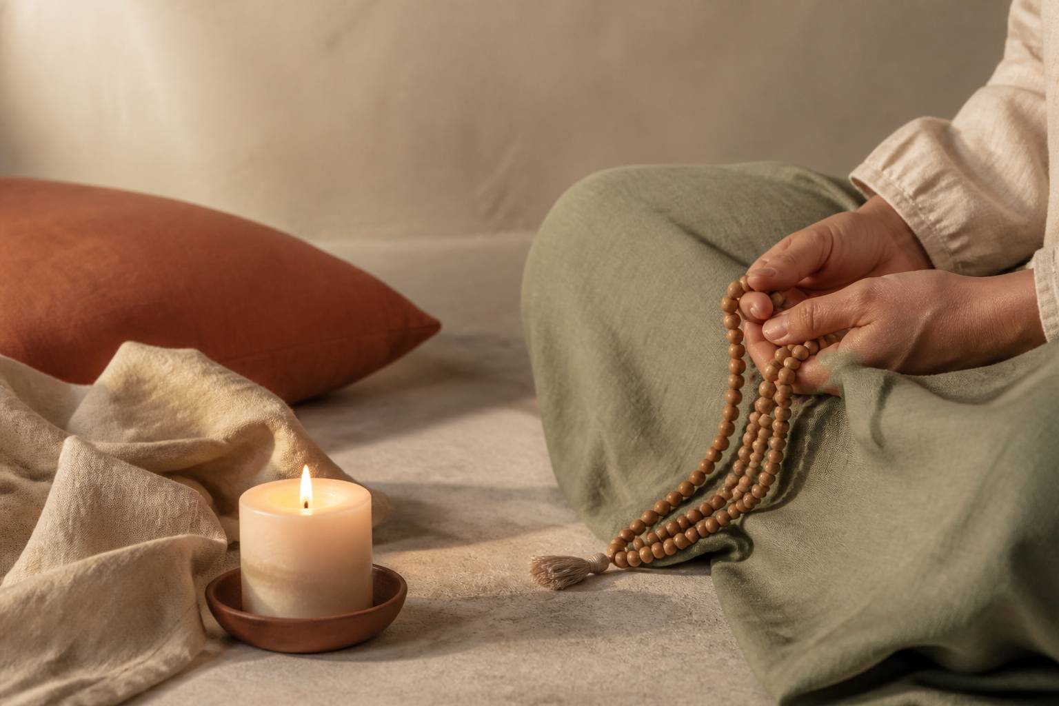 Mala de 108 perles en bois tenu entre des mains dans une ambiance apaisante