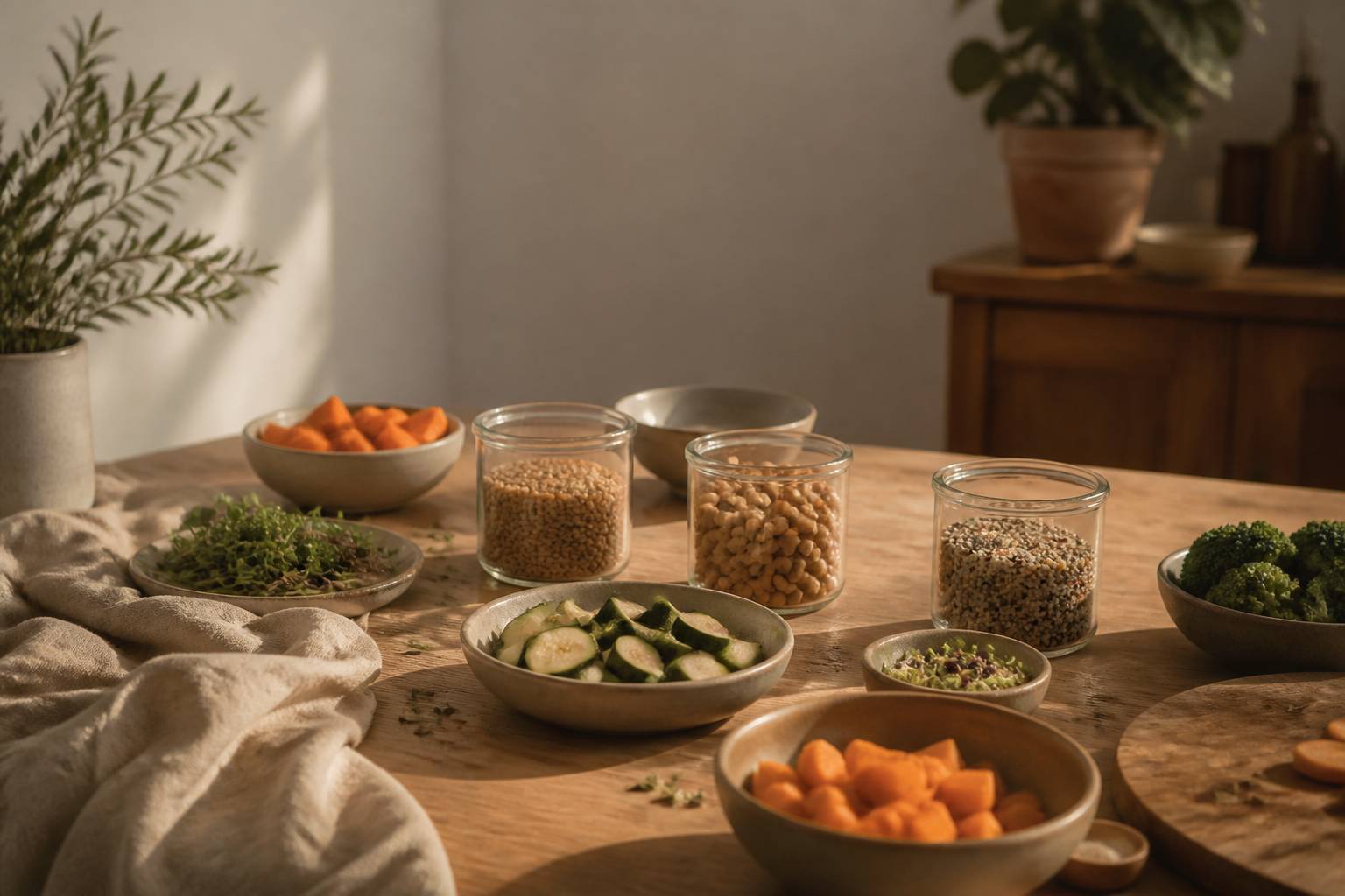 Contenants en verre remplis de lentilles, pois chiches et quinoa