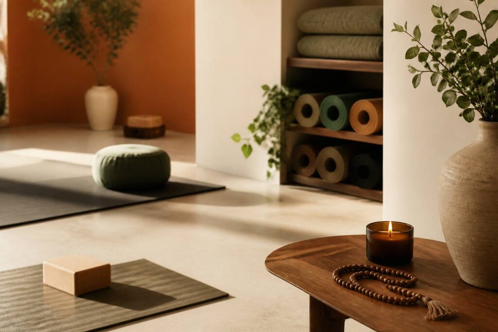 Studio de yoga au calme avec coussins de méditation et mala en bois