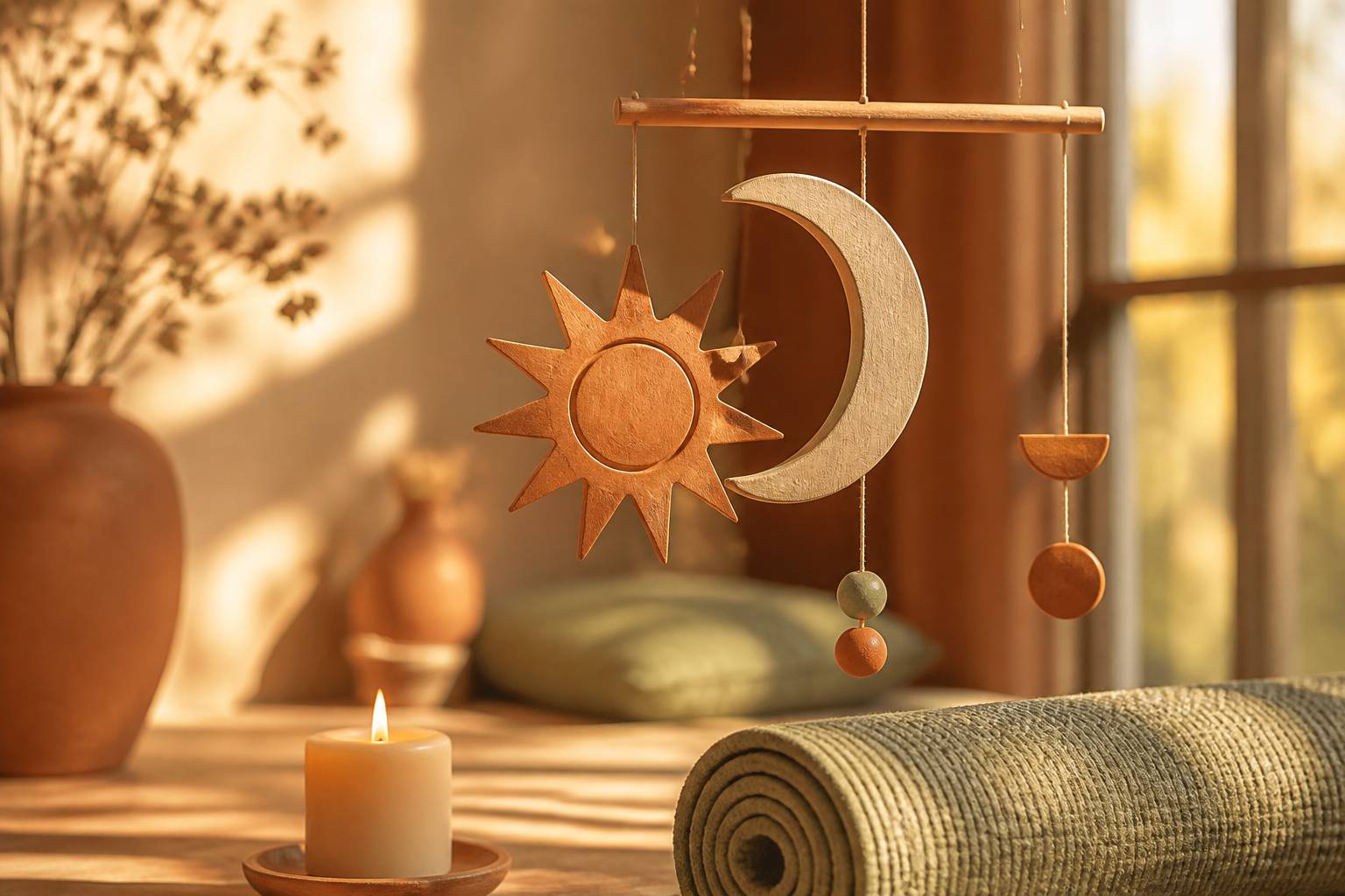 Mobile artisanal en bois représentant un soleil et une lune près d'une fenêtre avec bougie et tapis de yoga