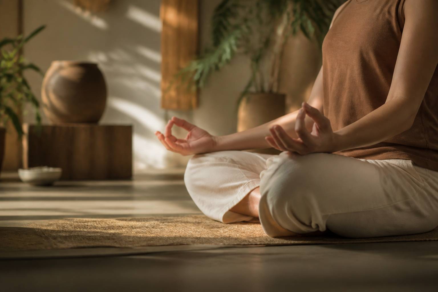 Geste mudra pouce-index pendant une séance de yoga sur un tapis naturel