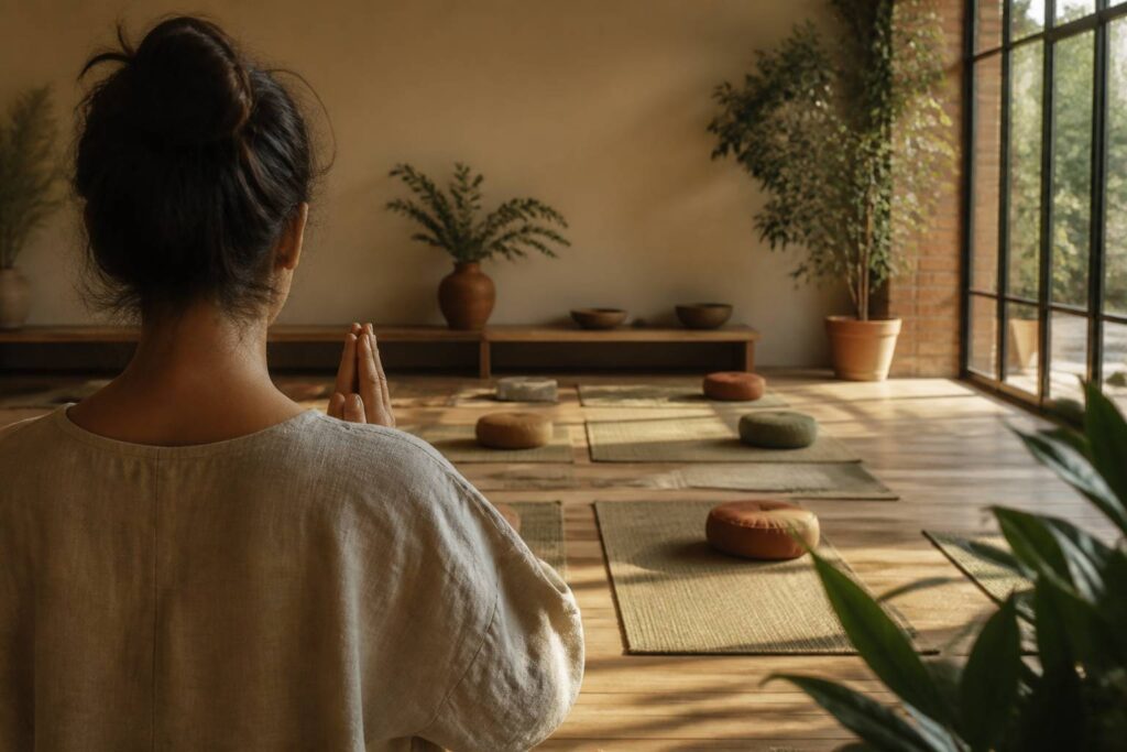 Mains jointes en anjali mudra dans un studio de yoga baigné de lumière dorée du soir