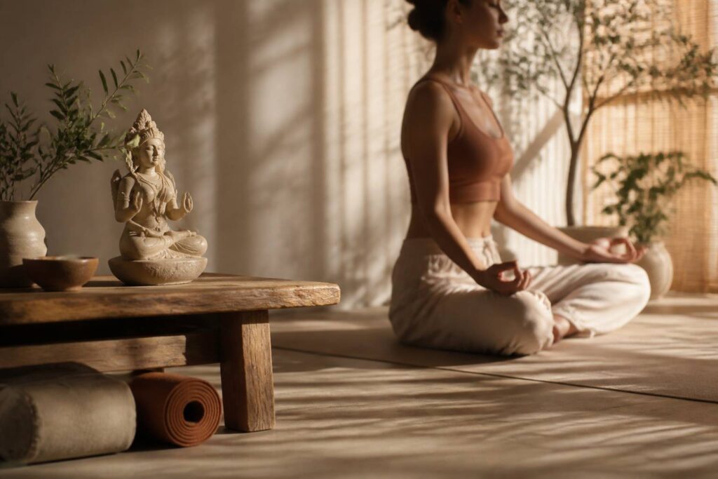 Statue de déesse hindoue en méditation dans un studio de yoga chaleureux