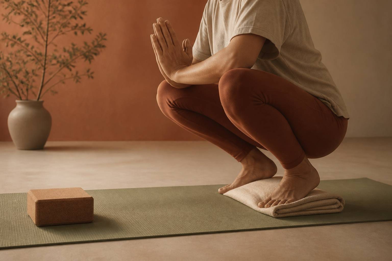 Pieds d'un pratiquant ancrés au sol avec les talons sur une couverture pliée