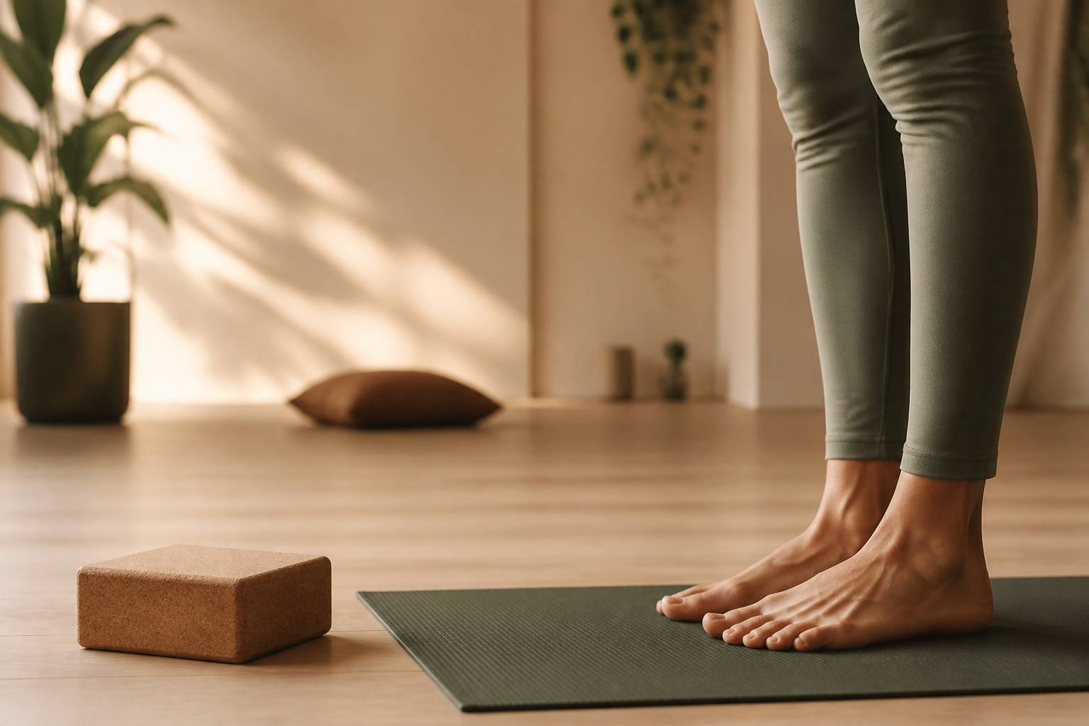 Pieds ancrés sur un tapis de yoga avec un bloc en liège