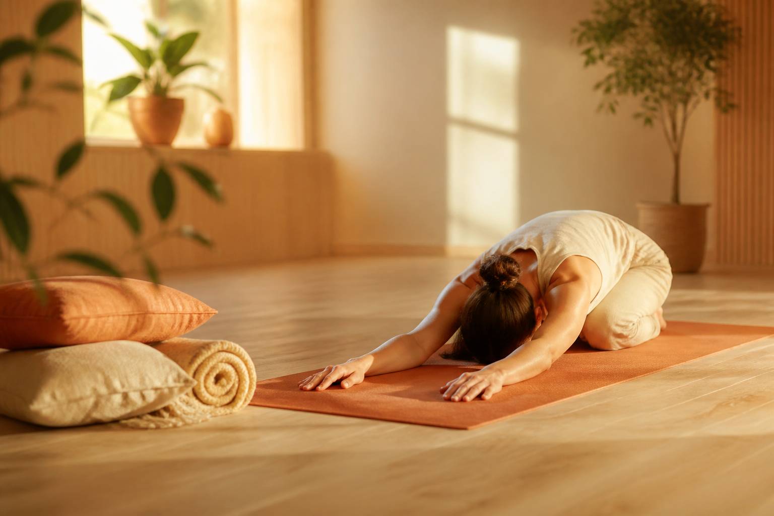 Personne en posture de l'enfant Balasana sur un tapis de yoga au studio