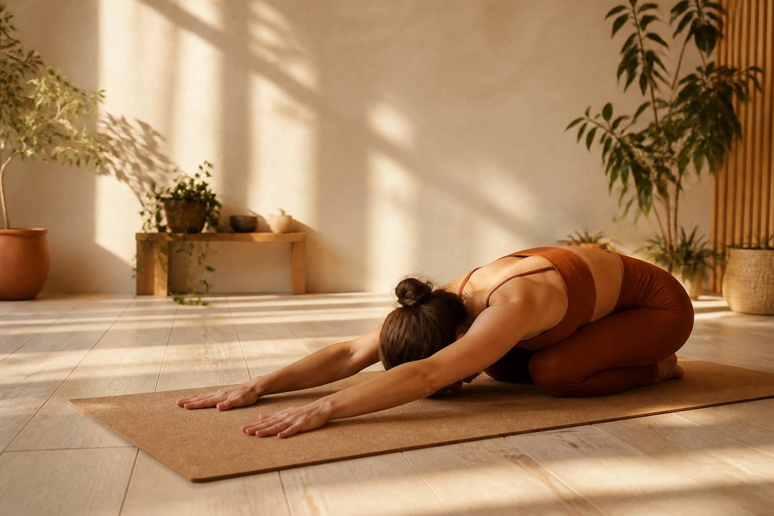 Pratiquant de yoga vu de dos en posture de l'enfant sur un tapis