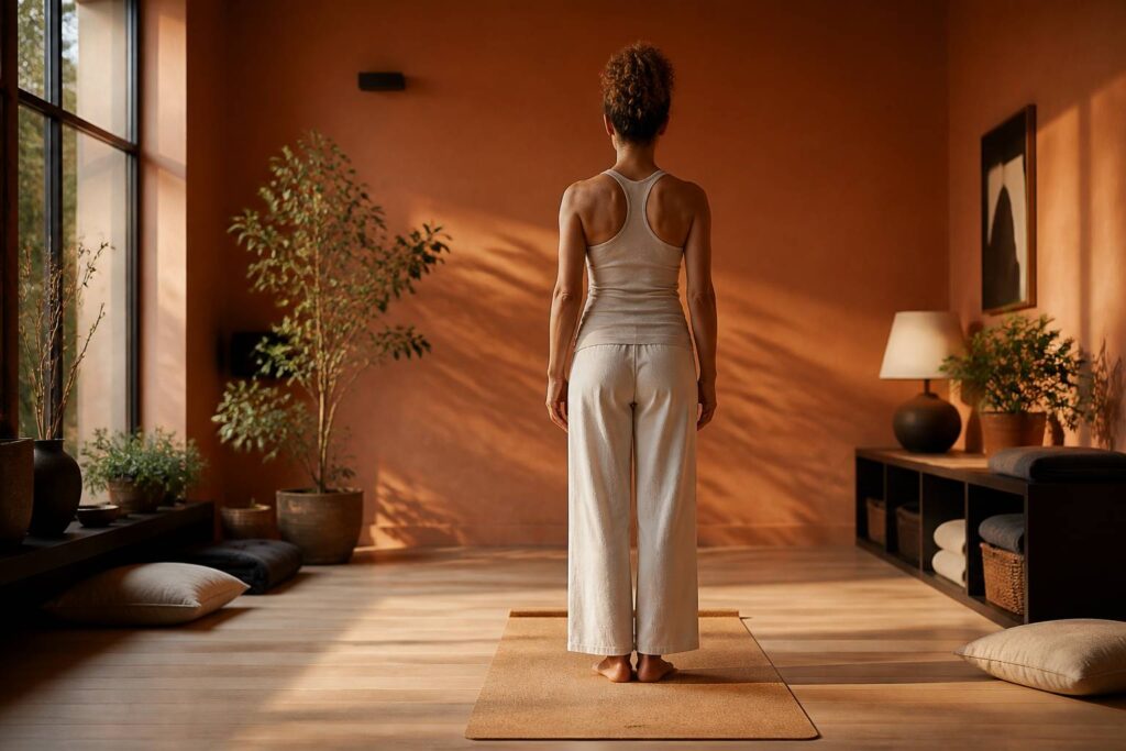 Personne en posture de la montagne Tadasana dans un studio de yoga chaleureux