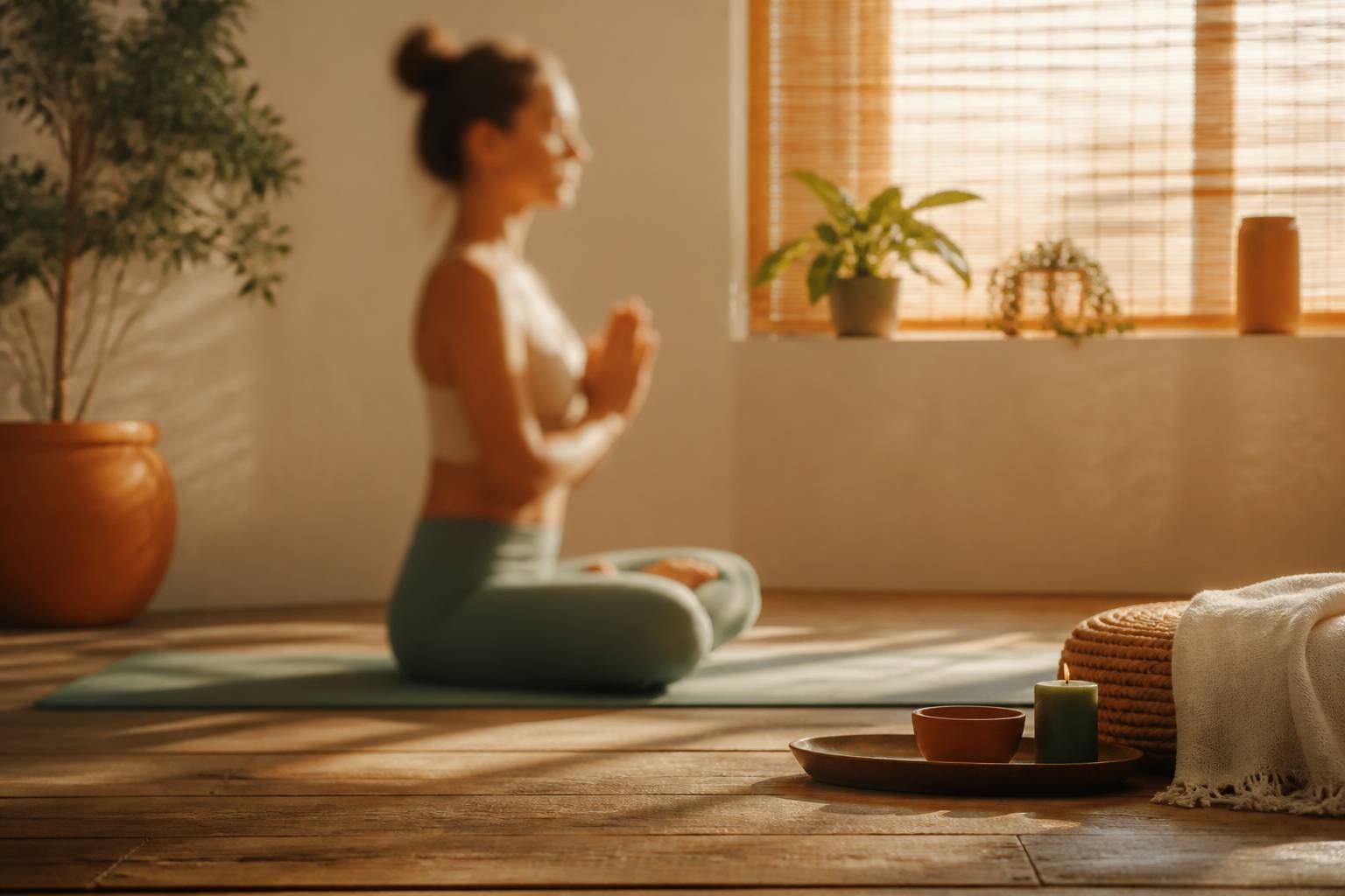 Personne assise en tailleur sur un tapis de yoga, mains jointes en geste de salut