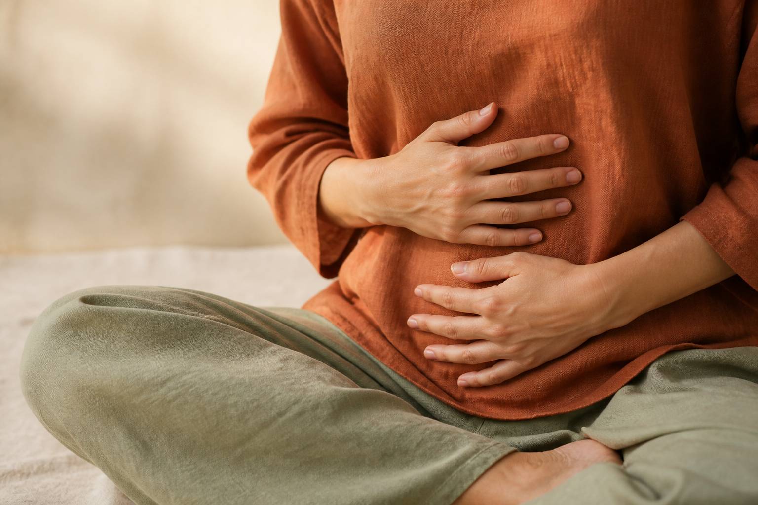 Mains posées sur l'abdomen d'une personne assise en tailleur