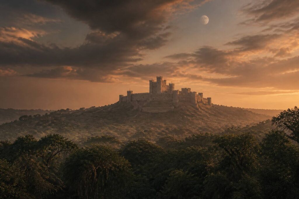 Château médiéval au crépuscule avec une forêt sombre et une lune pâle