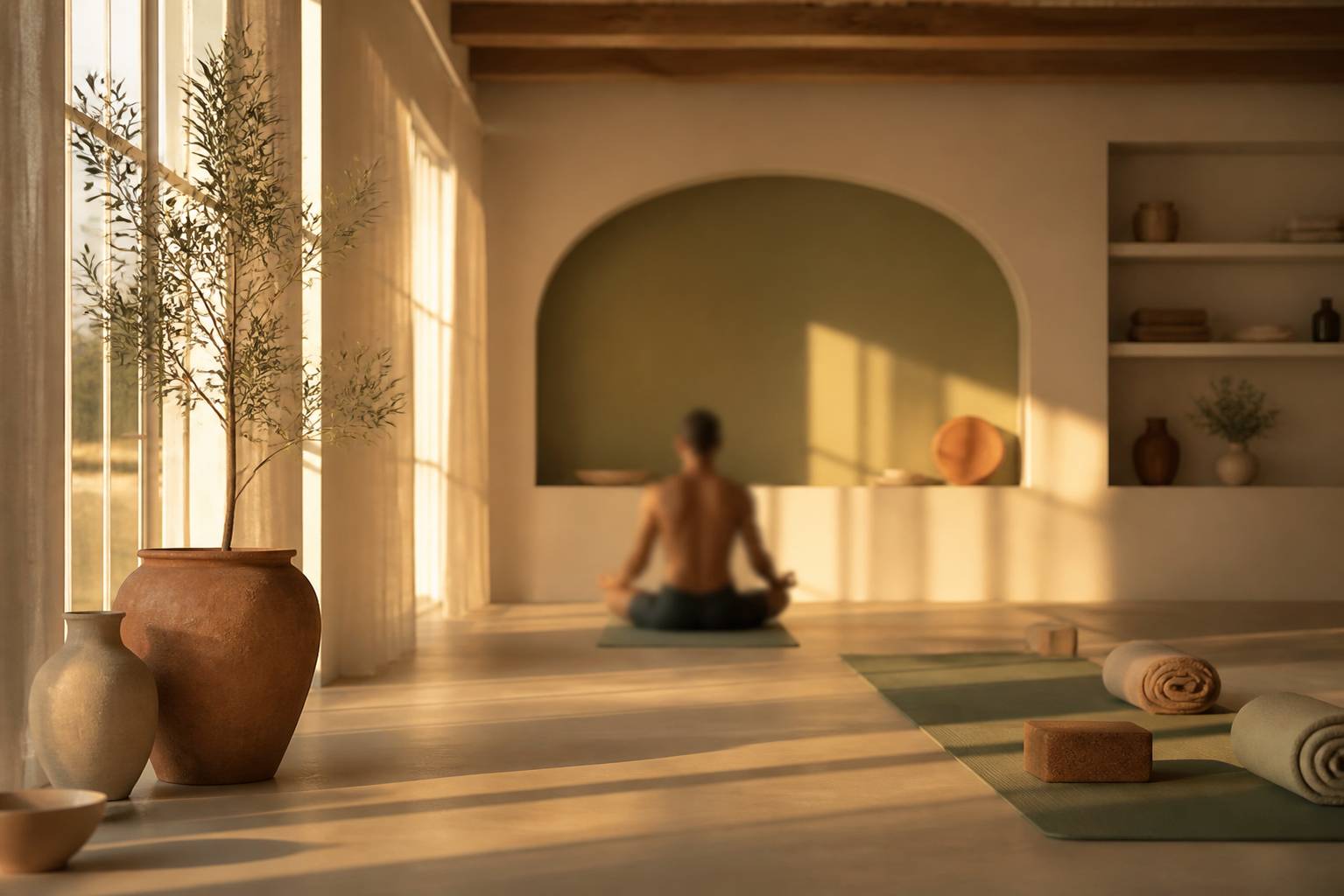 Personne en posture de yoga portant un short de sport en studio