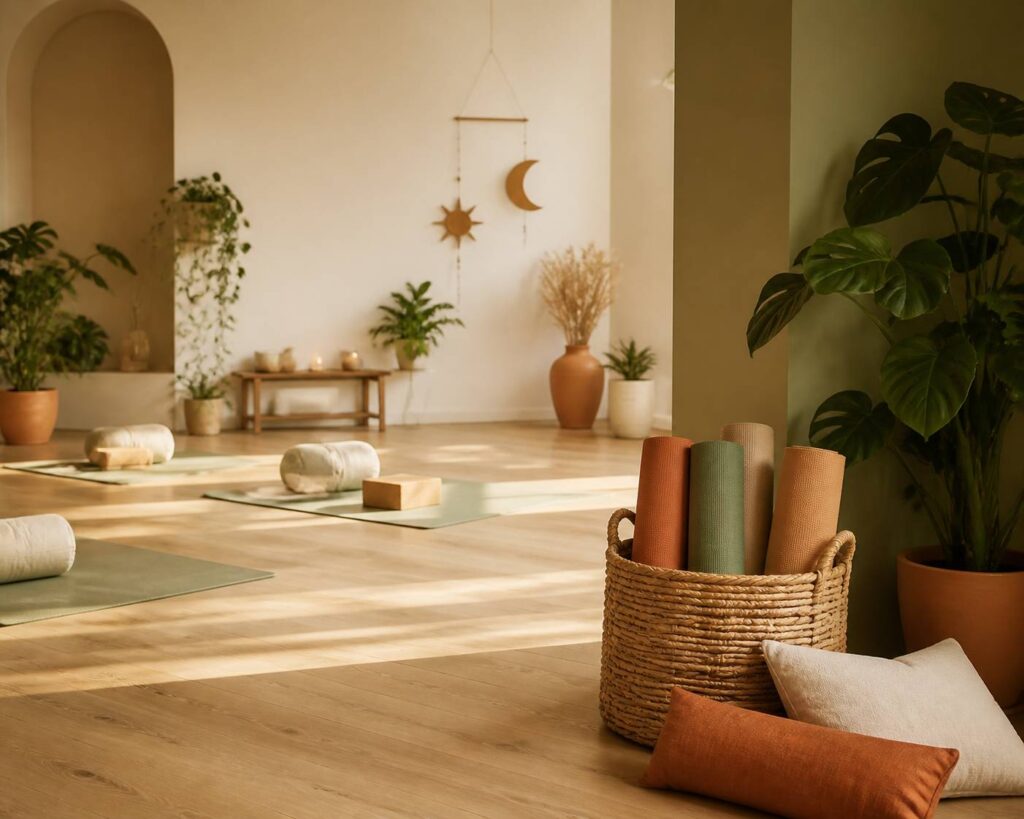Studio de yoga baigné de lumière chaude avec tapis roulés dans un panier, plantes et mobile représentant un soleil et une lune
