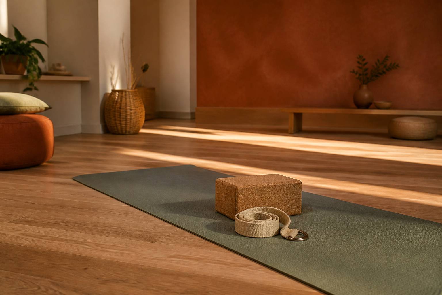 Tapis de yoga avec bloc et sangle sur un sol en bois clair