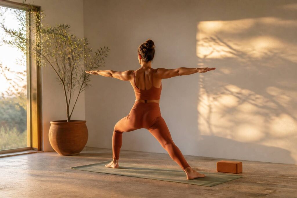 Personne en posture de yoga debout dans un studio lumineux