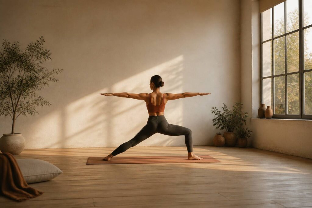 Pratiquant de yoga en posture du guerrier dans un studio baigné de lumière chaude de fin de journée