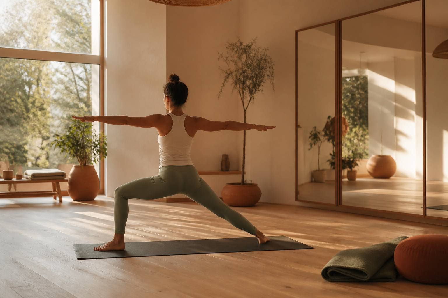 Posture de yoga de renforcement musculaire sur un tapis dans un studio lumineux
