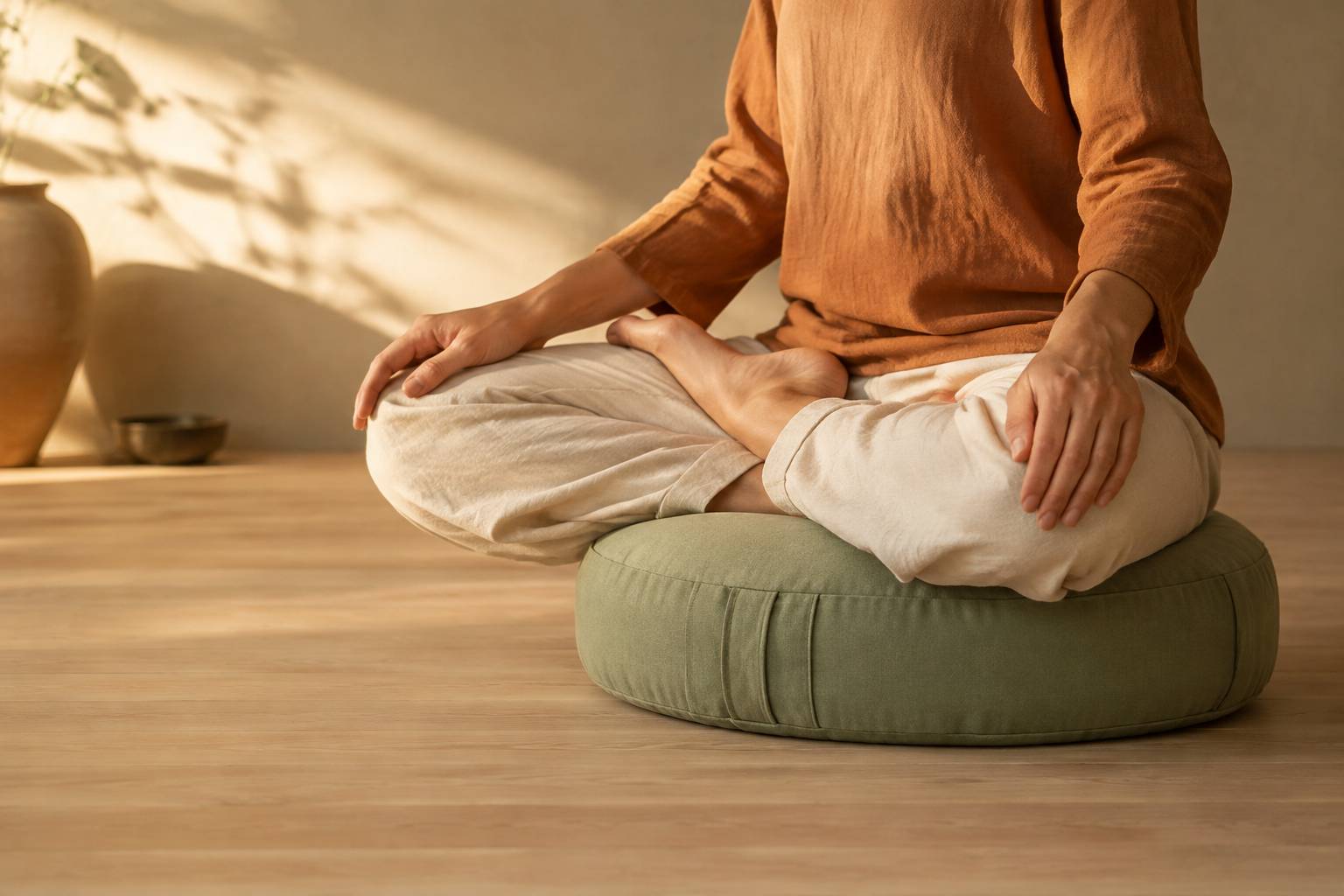 Jambes croisées en demi-lotus posées sur un zafu, mains en mudra