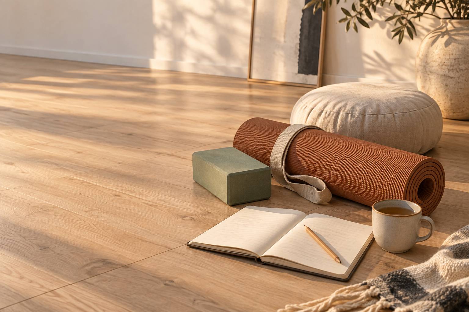 Détail de matériel de yoga avec sangle, brique et coussin
