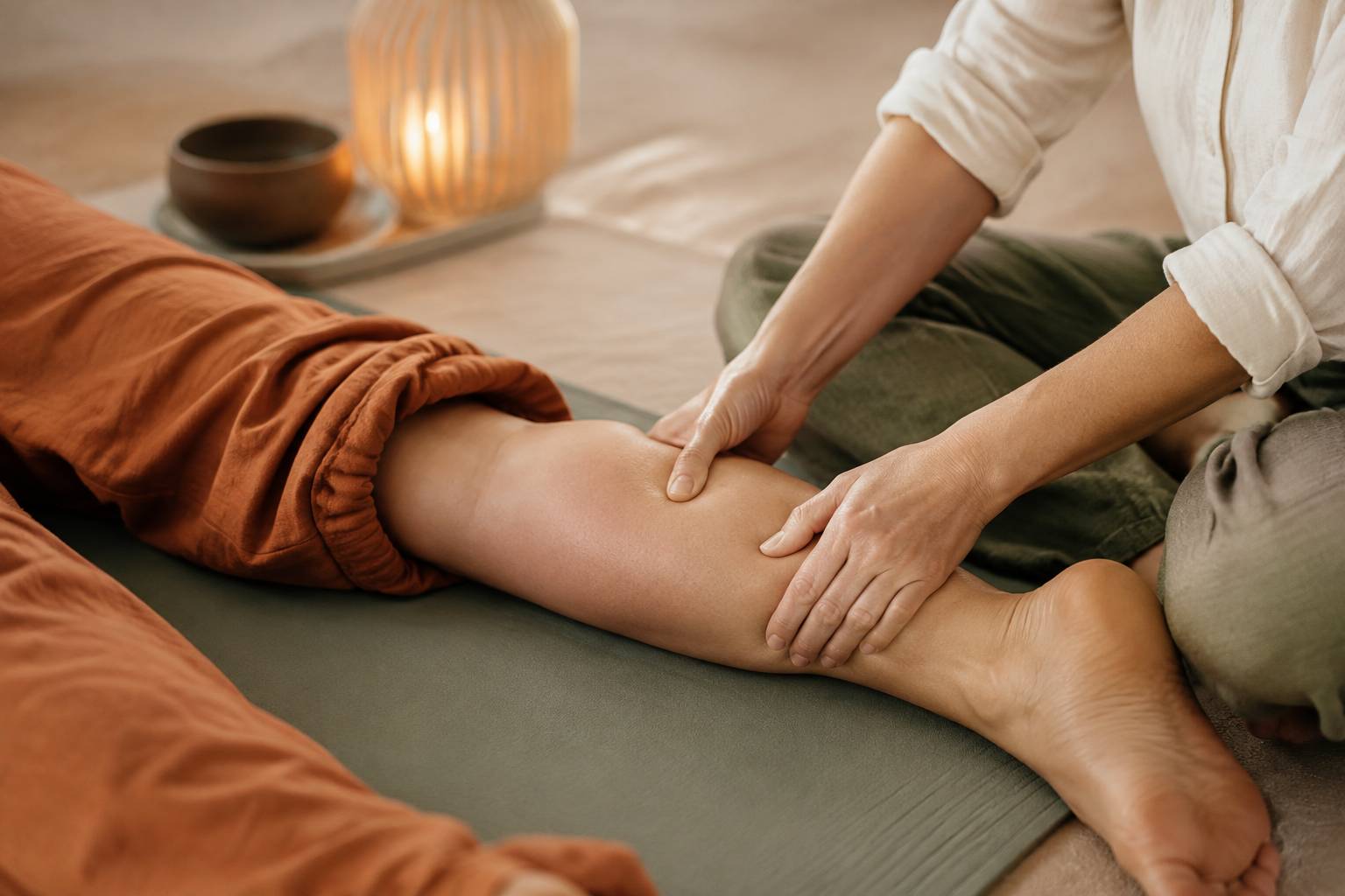 Mains exerçant une pression douce sur un mollet lors d'un geste de yoga kum nye, aucun visage