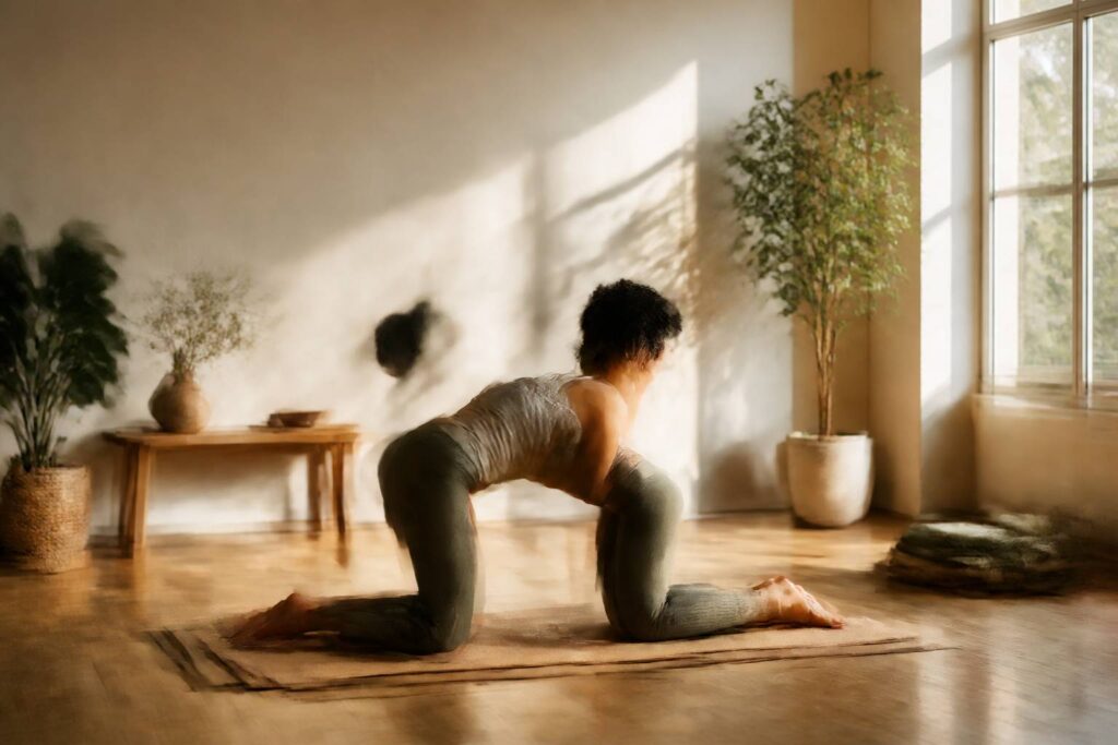 Pratique de la posture chat-vache sur un tapis de yoga dans un studio chaleureux en fin de journée