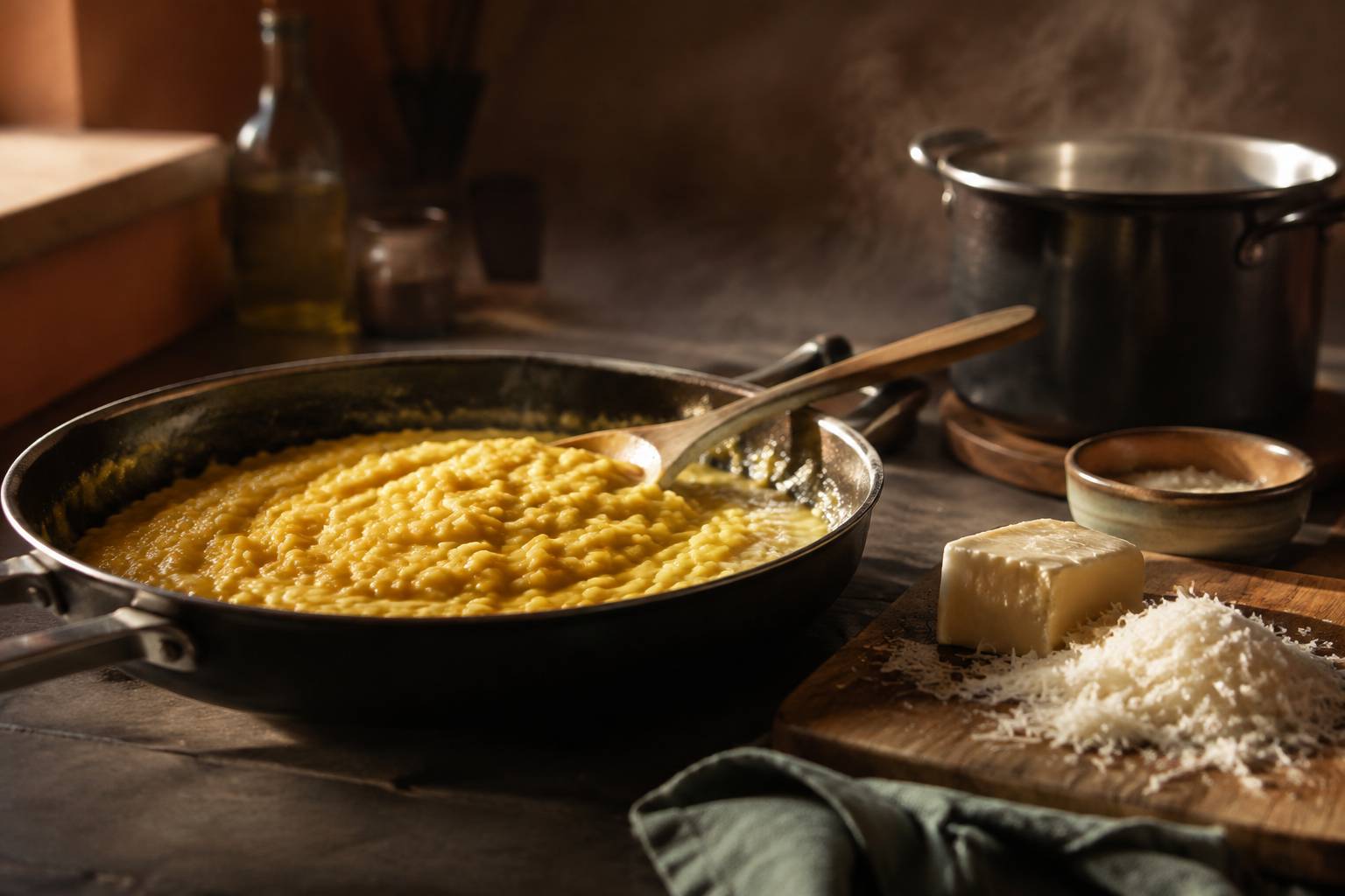 Risotto crémeux en poêle avec beurre et parmesan prêts pour la mantecatura