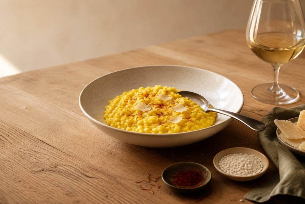 Assiette de risotto milanais crémeux jaune safran avec copeaux de parmesan et verre de vin blanc
