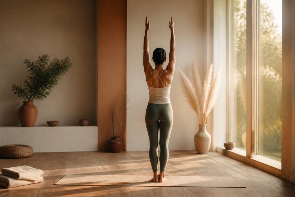Personne en salutation au soleil vue de dos dans un studio de yoga