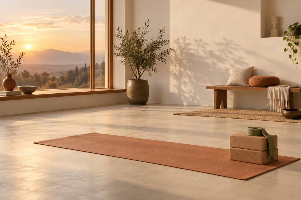 Studio de yoga paisible avec tapis déroulé près d'une fenêtre